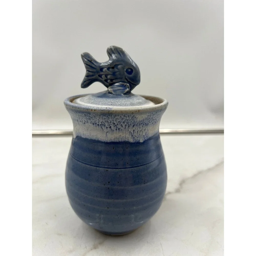 Studio Pottery Fish Canister Blue Glazed Stoneware Nautical Jar with Lid